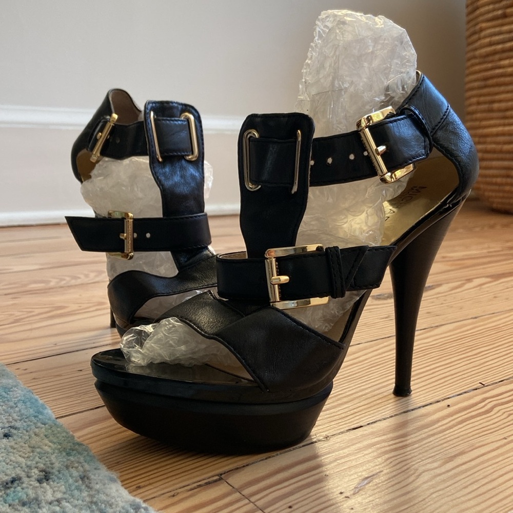 Michael Kors two-buckle, open-toe heels